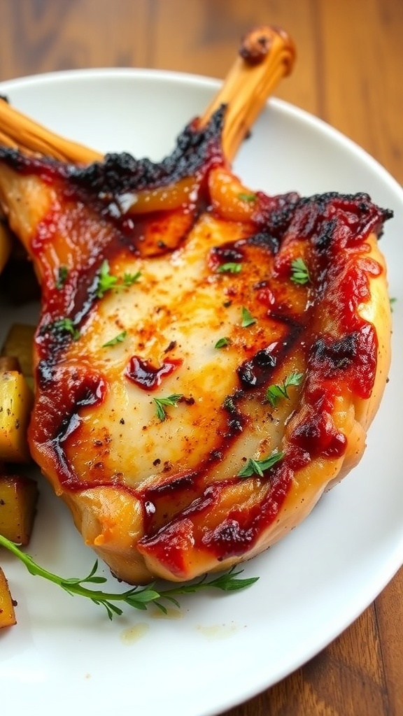 Air Fryer Ribeye Pork Chops Recipe A crispy ribeye pork chop on a plate with herbs and roasted vegetables on a wooden table.